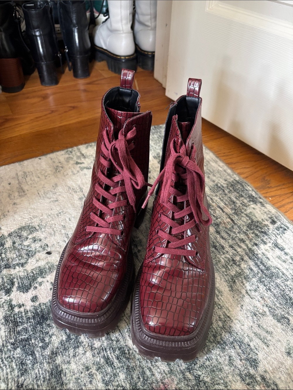 Katy Perry Collections Burgundy Croc-Embossed Lace-Up Platform Boots